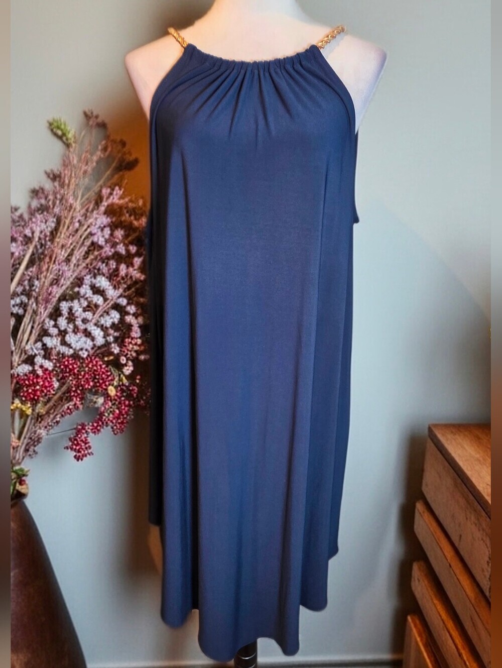 927 MSK Navy Blue Chain Halter Dress XL Polyester Spandex Made in USA